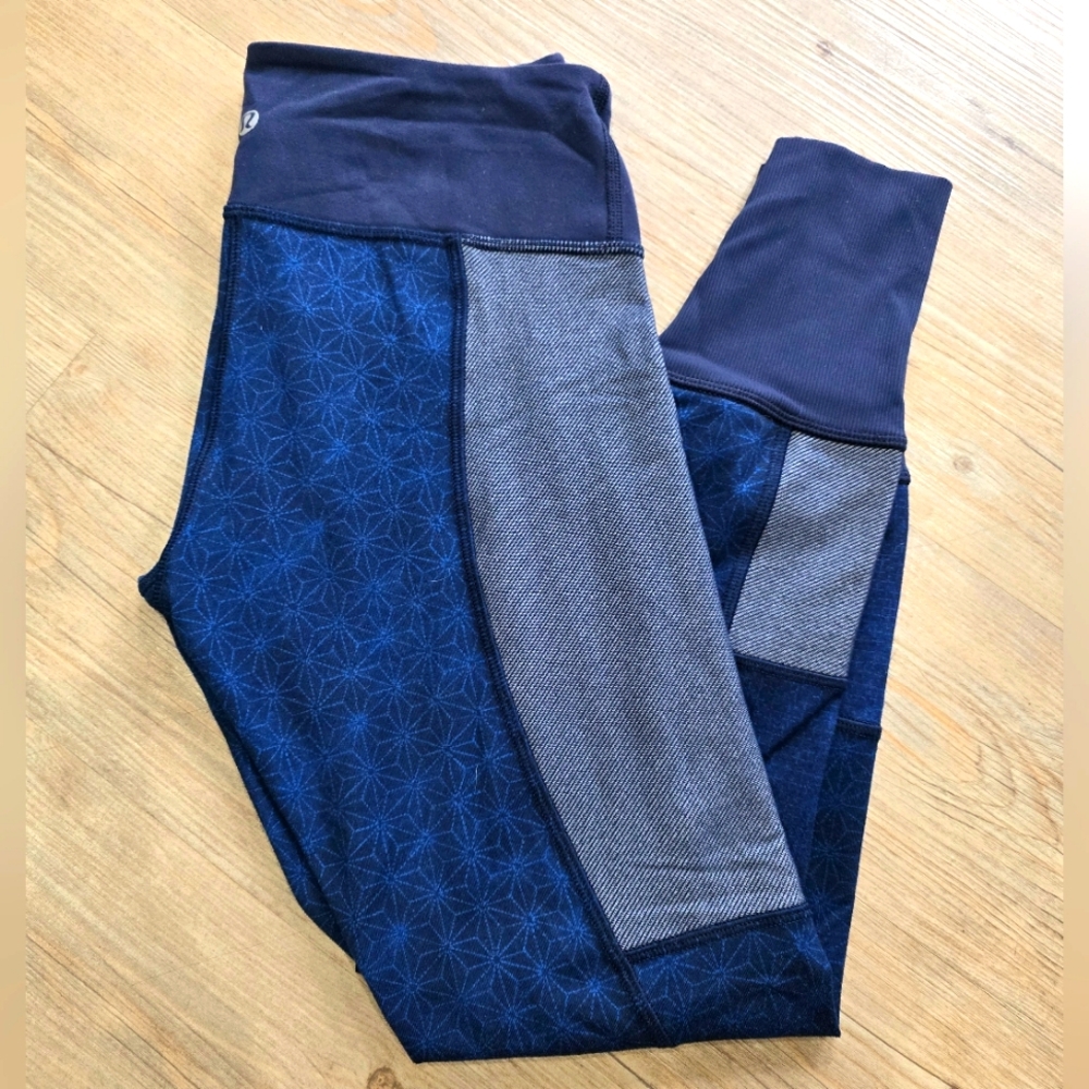 Lululemon Wunder Under Sz 6 Blue Sashiko Kanoko Twist Inkwell Patchwork Leggings